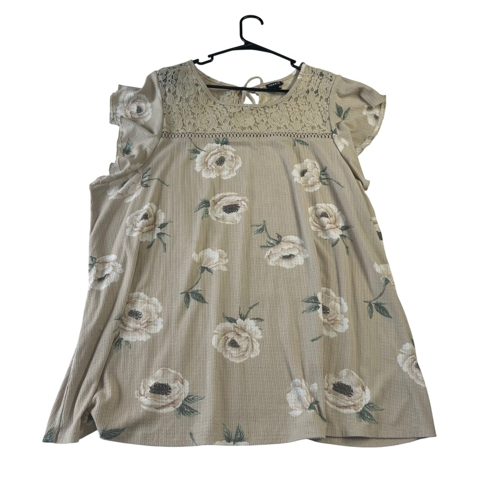 Torrid Tan Floral Lace Yoke Flutter Sleeve Top Size 4 4X 13247664